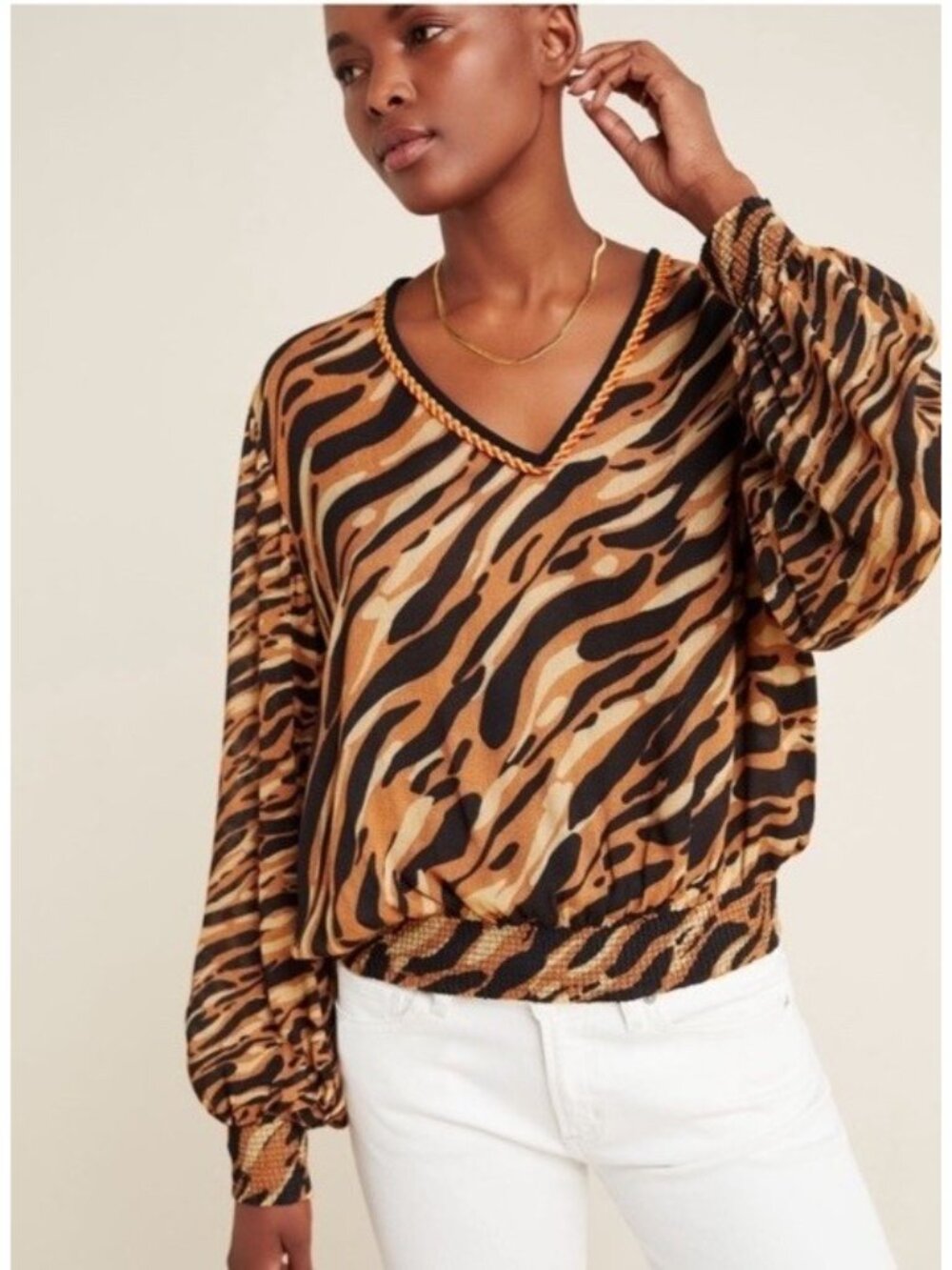 Anthropologie Blank London Patrice Tiger Print Blouse Shirt Women’s S V-Neck NWT
